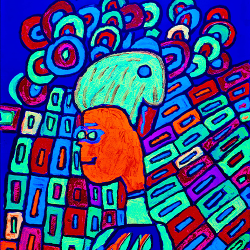 Colorful abstract painting featuring layered geometric shapes, circular patterns, and stylized faces in bright blue, teal, orange, red, and purple tones from the exhibit “Spintalistm Old Maid” by Allen Eberle.